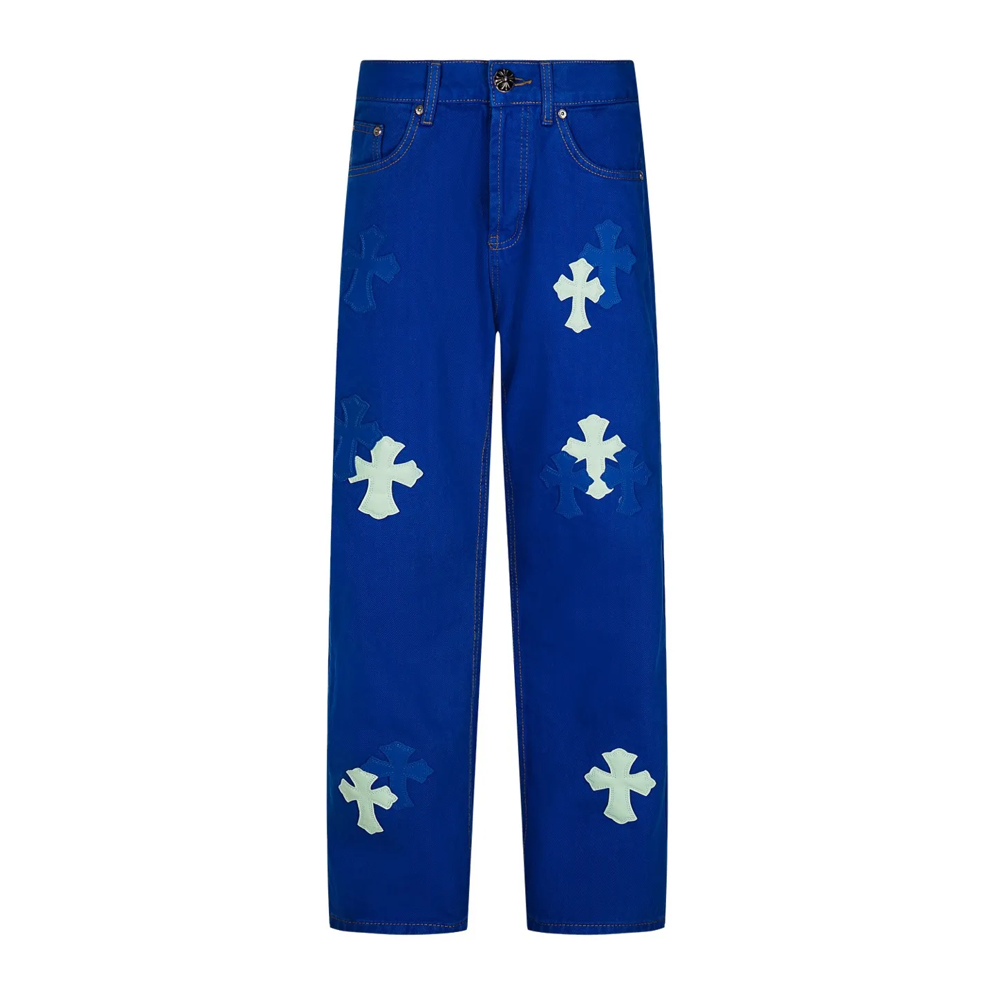 P270 Chrome hearts｜ch Chrome Hearts London-limited dopamine blue leather jeans - charming dopamine personality jeans, indispensable for fashionistas, the same model for celebrities, and a model touted by many bloggers. This new pair of pants is perfect in terms of shape and upper body. It is no exaggeration to say that making a pair of jeans is equivalent to the time of making 20 short-sleeved jeans. The fabric is made of high-quality imported denim. It has a unique high-end texture. I am very satisfied with it after washing and proofing several times. Style number: 1751# Color: Dopamine blue Size: 28 30 32 34